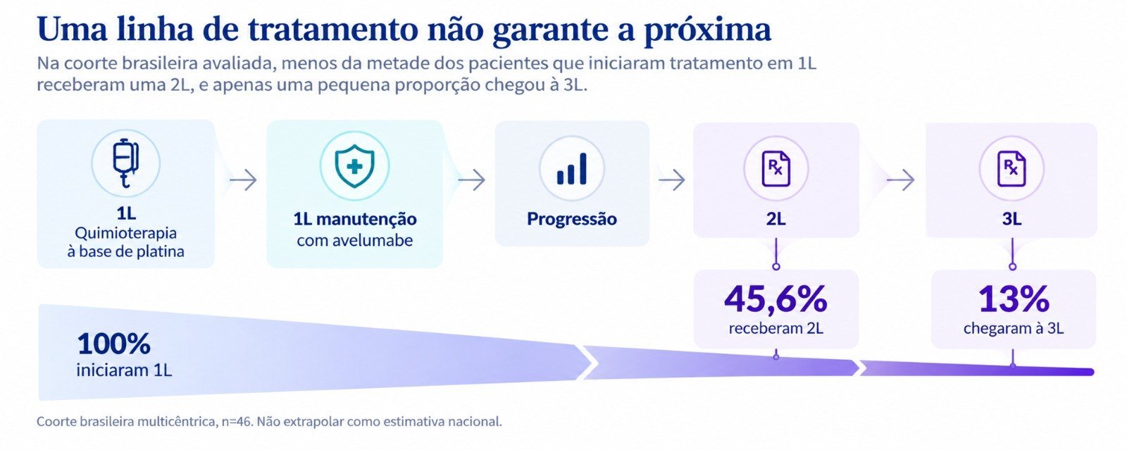 Uma linha de tratamento não garante a próxima: 45,6% receberam 2L e 13% chegaram à 3L numa coorte brasileira (n=46).